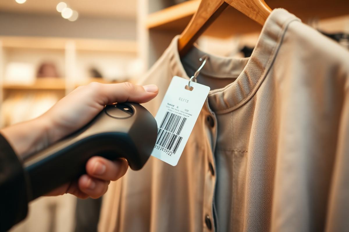 Barcode hangtag on a boutique garment being scanned at the rack