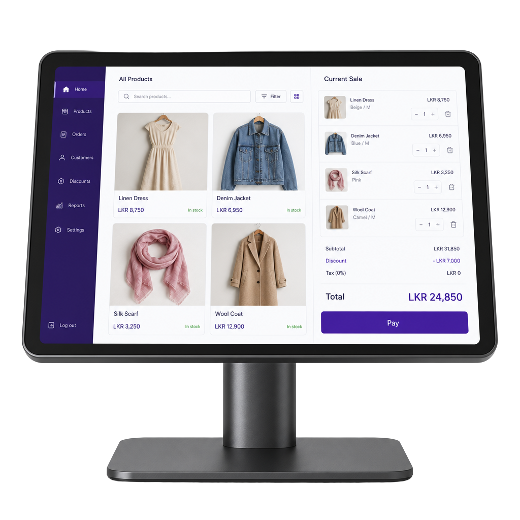 Crystal BizOS boutique checkout running on an all-in-one POS terminal
