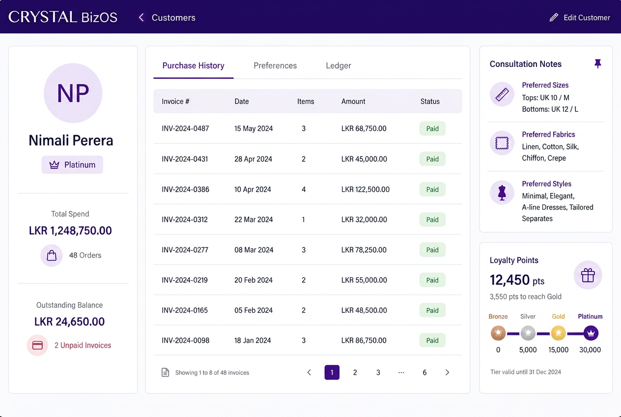 Crystal BizOS customer profile with purchase history, consultation notes and loyalty tier progress