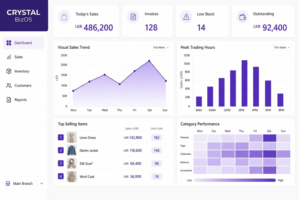 Crystal BizOS dashboard with sales trend, peak trading hours, top selling items and category heatmap