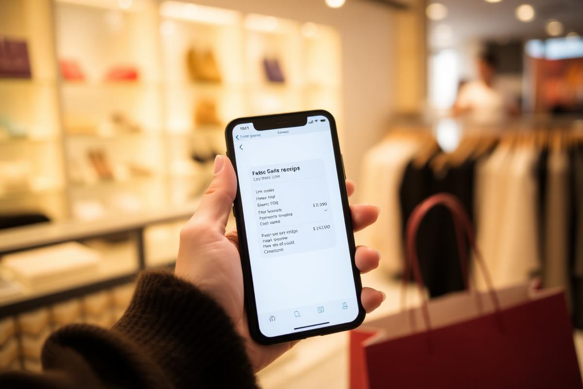 Customer viewing a digital receipt on a phone at a boutique counter